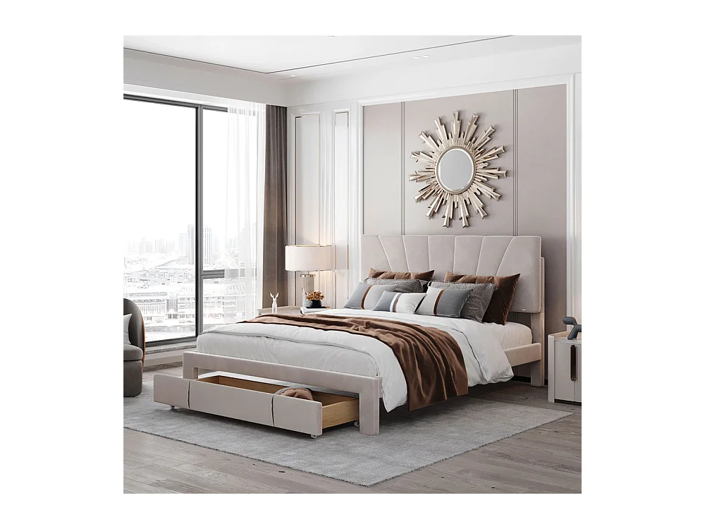 Lit adulte lit 140x200 cm lit rembourré lit sommier à lattes lit 1 grand tiroir lit double velours beige