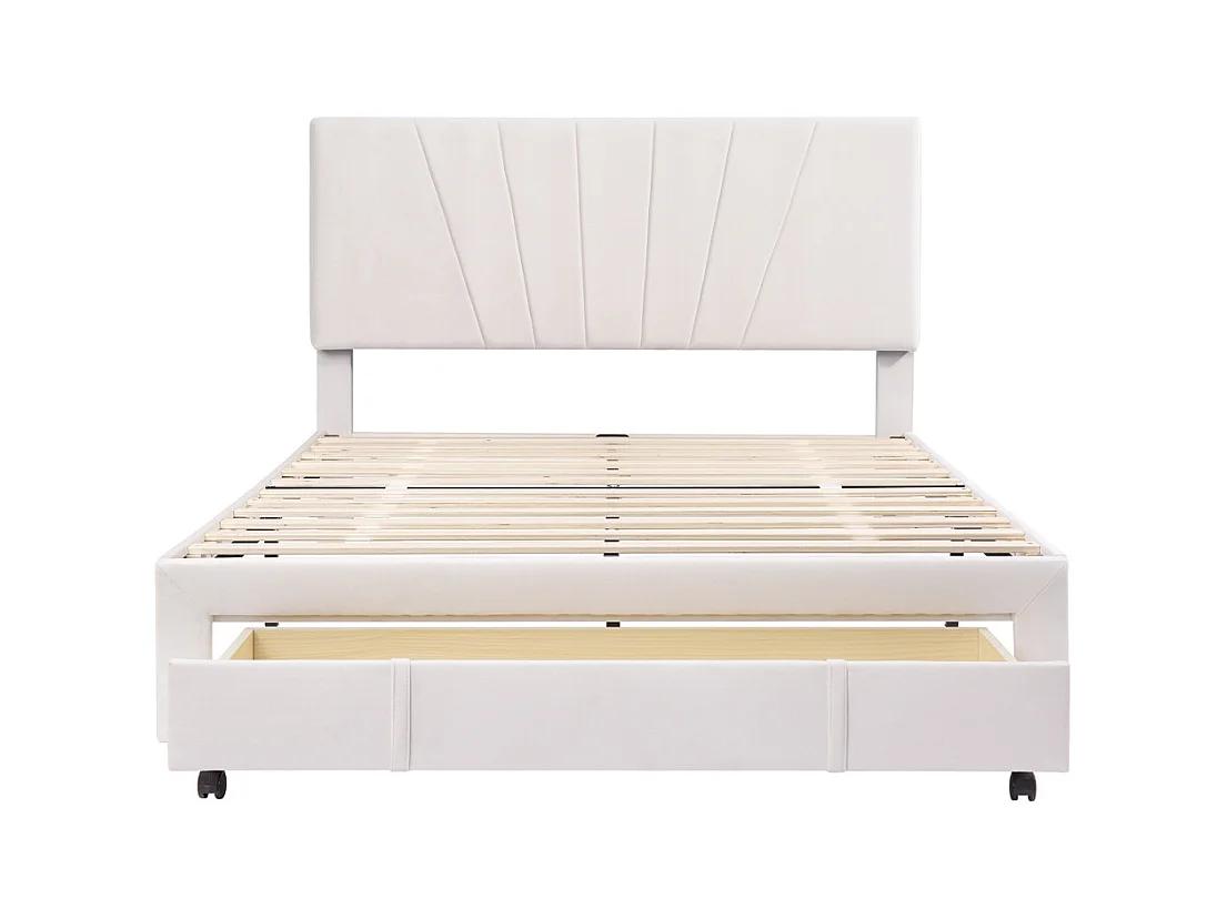Lit adulte lit 140x200 cm lit rembourré lit sommier à lattes lit 1 grand tiroir lit double velours beige