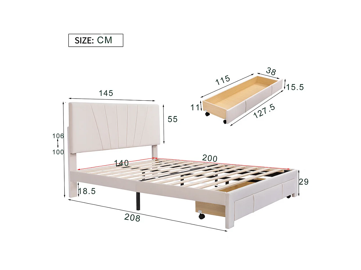 Lit adulte lit 140x200 cm lit rembourré lit sommier à lattes lit 1 grand tiroir lit double velours beige