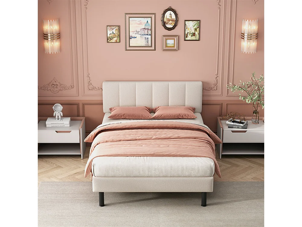 Lit adulte lit cadre à lattes en bois lit 140x190 cm lit rembourré lit pieds en fer Single sherpa beige