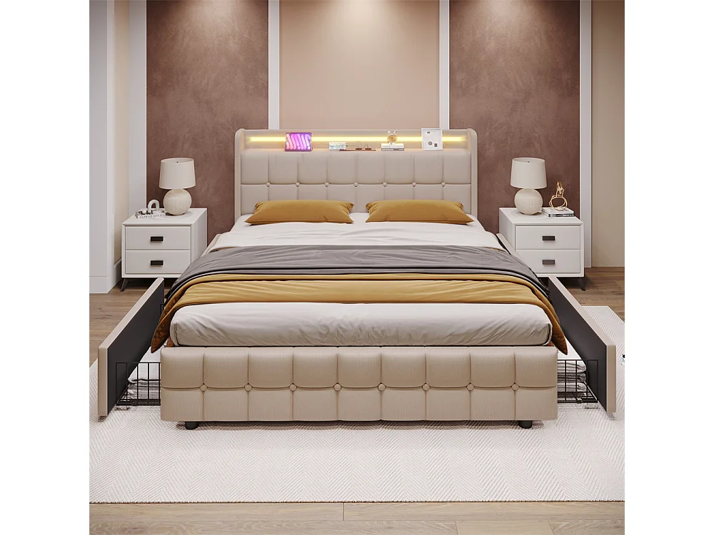 Gestoffeerd bed 160x200 cm opbergbed bed 4 laden bed led verlichting bed houten lattenbodem tweepersoonsbed beige linnen