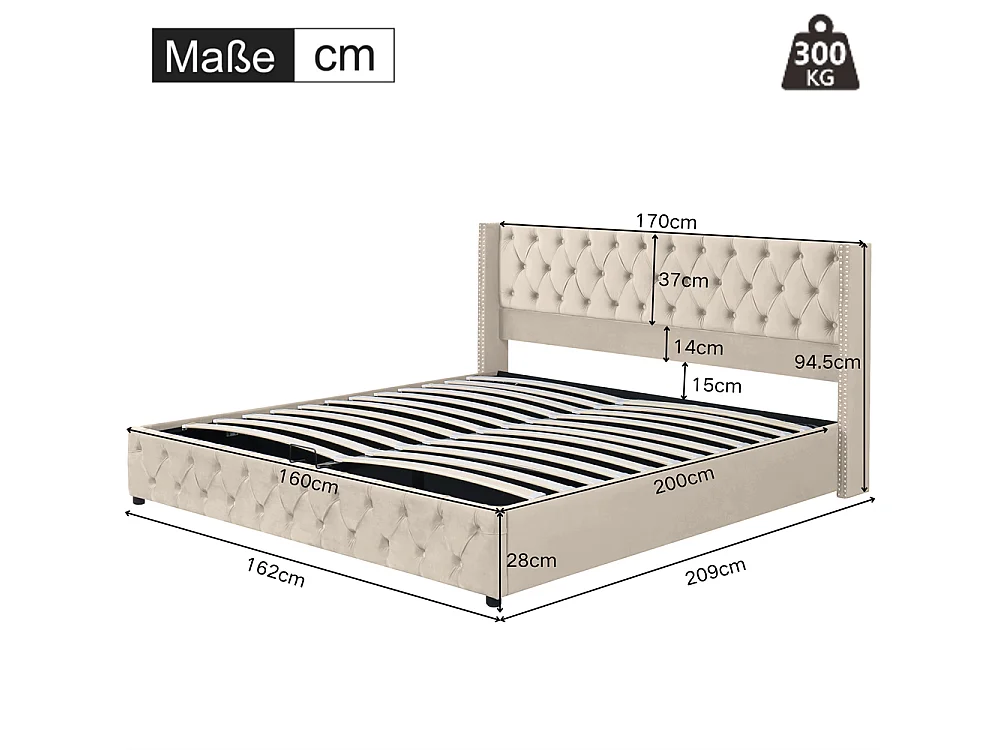 Volwassen bed opbergbed hydraulisch gestoffeerd bed opbergbed 160x200 cm bed metalen bed tweepersoonsbed beige fluweel