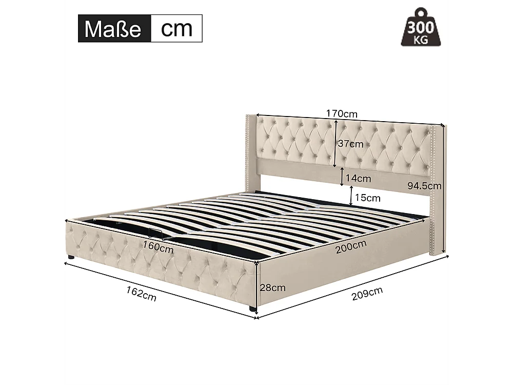 Lit rembourré hydraulique 140x190 cm, éclairage d'ambiance avec télécommande, avec usb et chaîne hi-fi, sans matelas, lin, beige