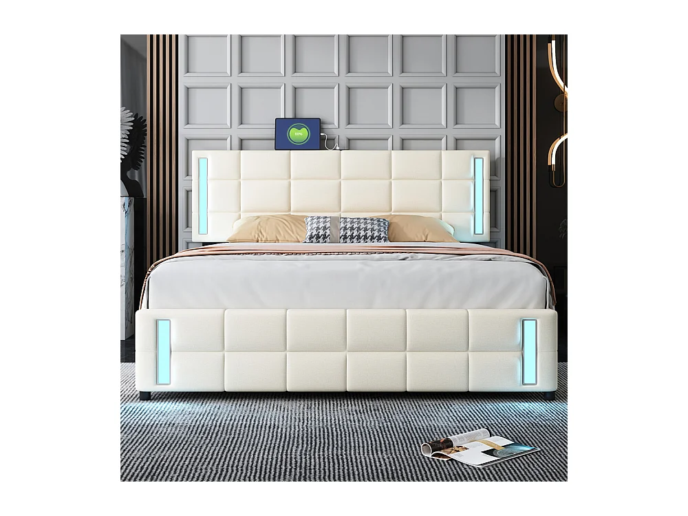 Gestoffeerd bed Eenpersoons 140x200cm, kinderbed met LED-lampfitting en 4 lades, linnen, beige