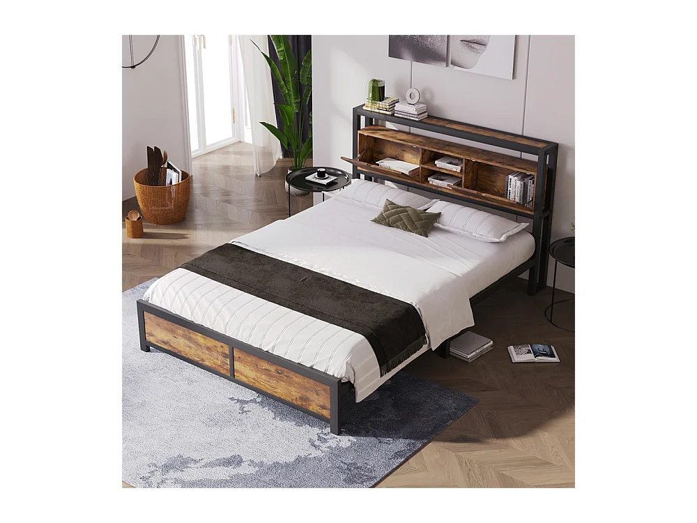 Lit adulte lit 140x200 cm lit tête de lit de rangement lit sommier à lattes lit en métal lit double métal+mdf Neutral