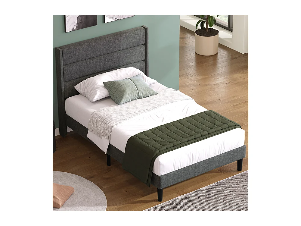 Gestoffeerd tweepersoonsbed 90x200 cm, bedframe met lattenbodem en hoofdbord, kinderbed, linnen, grijs