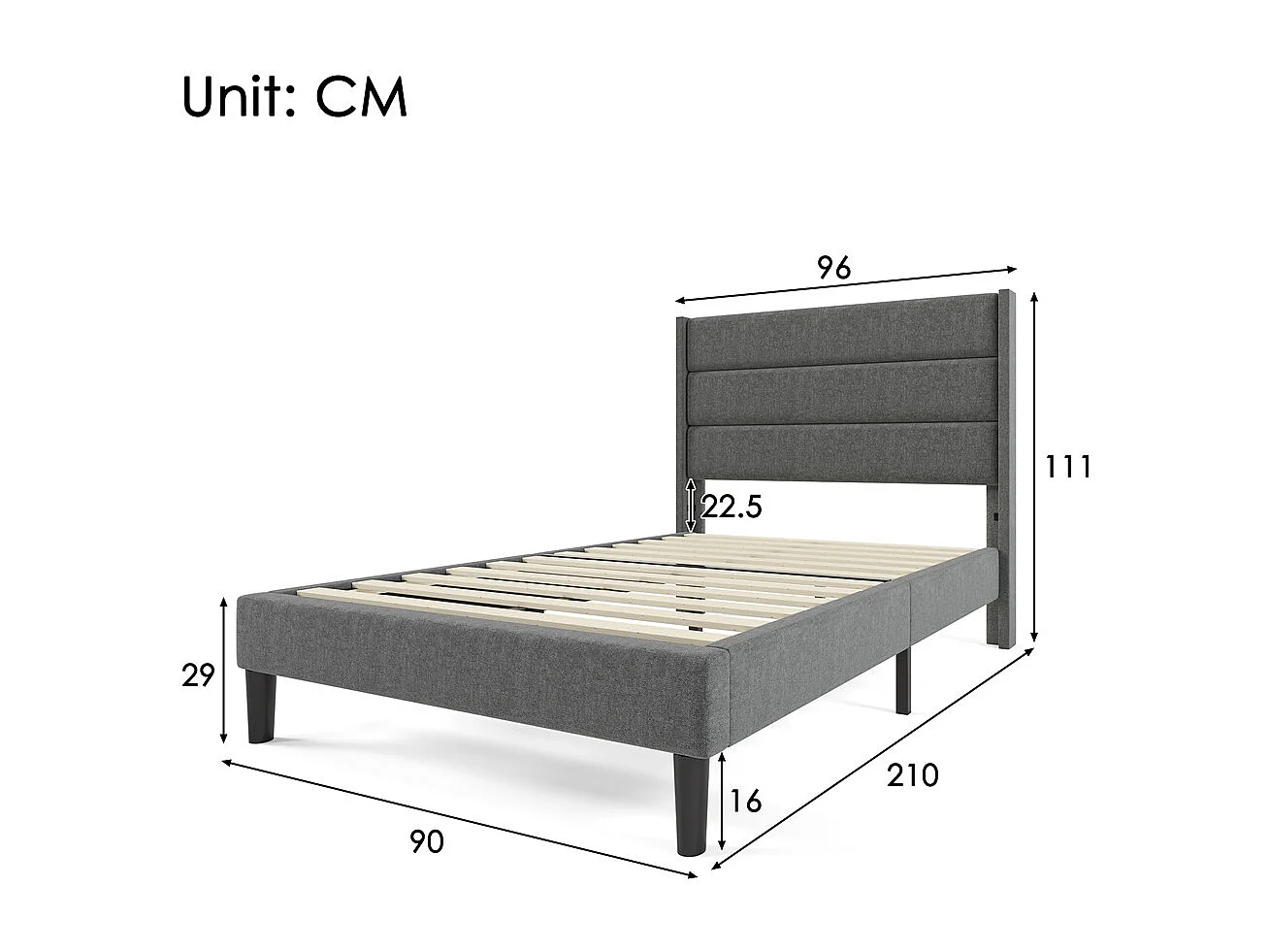 Gestoffeerd tweepersoonsbed 90x200 cm, bedframe met lattenbodem en hoofdbord, kinderbed, linnen, grijs