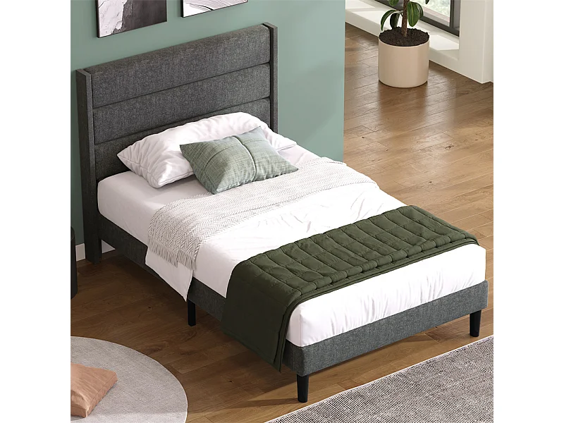 Gestoffeerd tweepersoonsbed 90x200 cm, bedframe met lattenbodem en hoofdbord, kinderbed, linnen, grijs