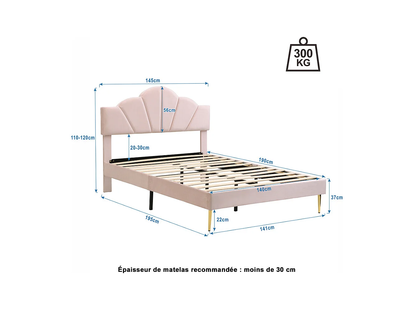 Gestoffeerd bed 140x190 cm tweepersoonsbed met lattenbodem - verstelbaar hoofdeinde - fluwelen stof - roze