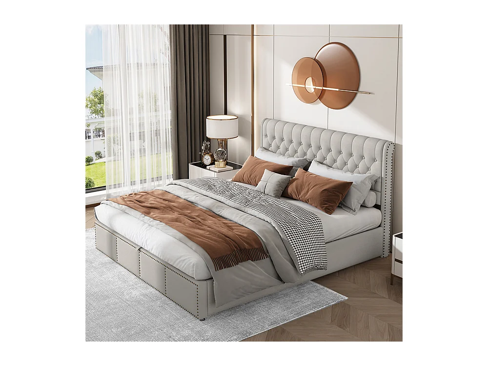 Volwassen bed opbergbed 160x200 cm opbergbed hydraulisch gestoffeerd bed bed nachtkastjes lichtgrijs linnen