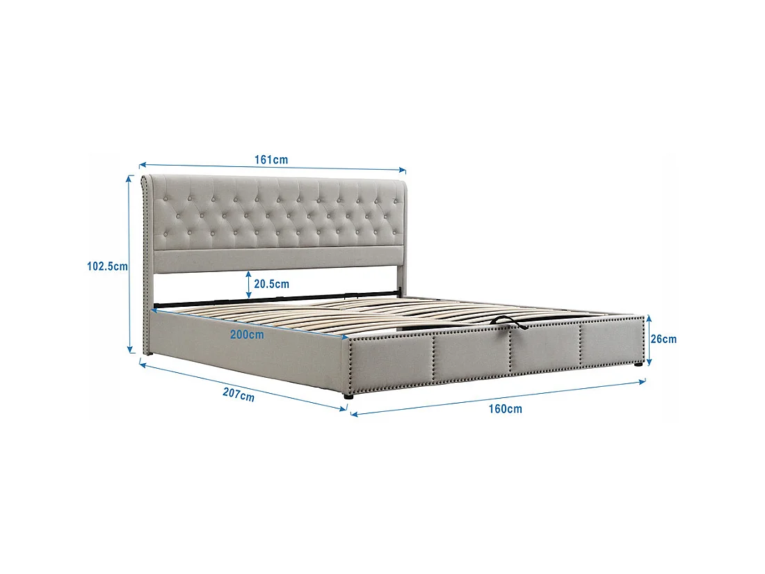 Volwassen bed opbergbed 160x200 cm opbergbed hydraulisch gestoffeerd bed bed nachtkastjes lichtgrijs linnen