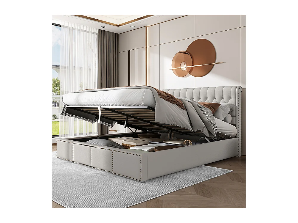 Volwassen bed opbergbed 160x200 cm opbergbed hydraulisch gestoffeerd bed bed nachtkastjes lichtgrijs linnen