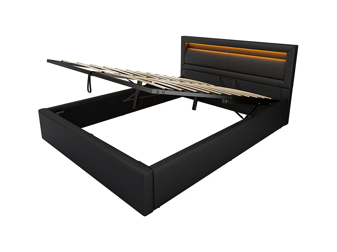 Volwassen bed opbergbed 140x200 cm opbergbed hydraulisch gewatteerd bed led bed tweepersoonsbed pu zwart