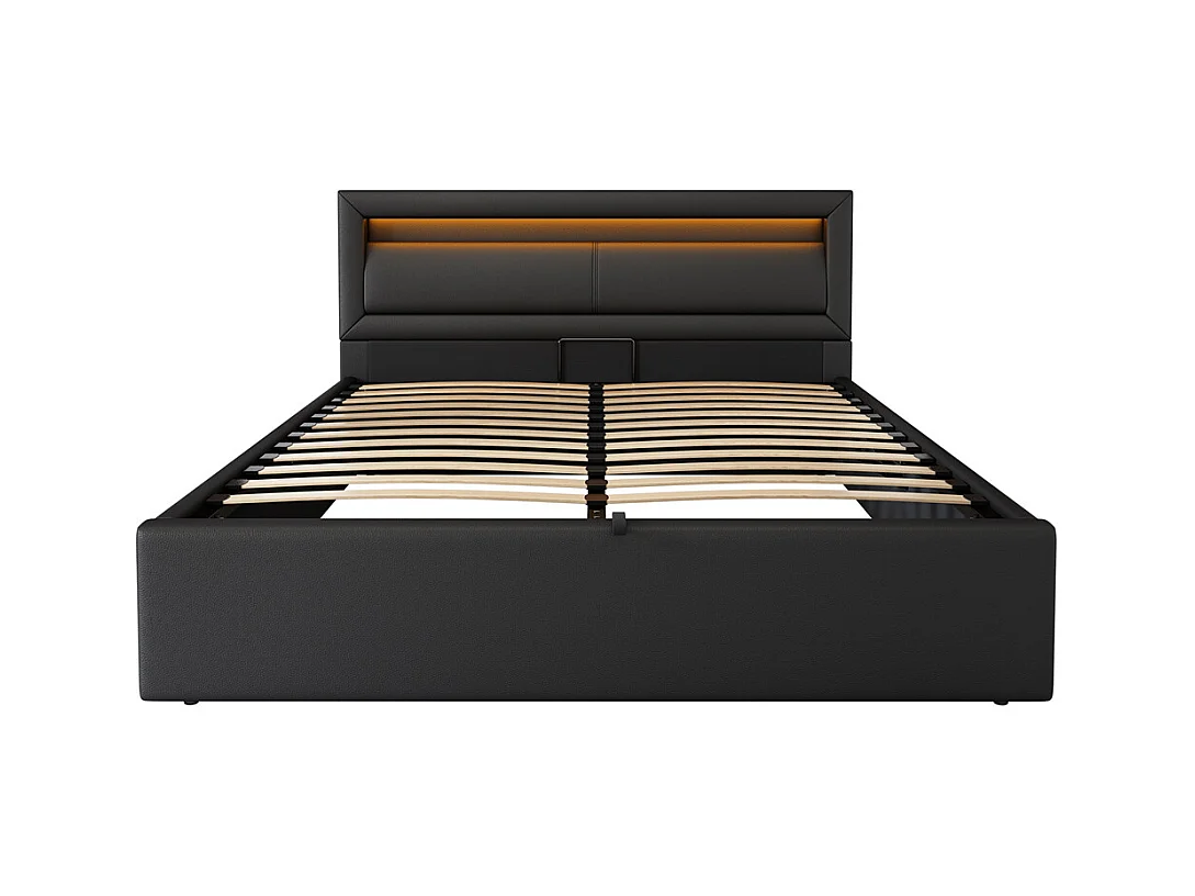 Volwassen bed opbergbed 140x200 cm opbergbed hydraulisch gewatteerd bed led bed tweepersoonsbed pu zwart