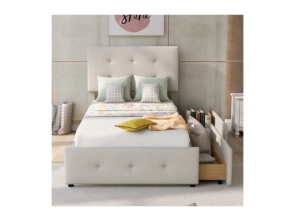 Lit adulte lit 90x200 cm lit rembourré lit 2 tiroirs lit sommier à lattes Single tissu en velours beige