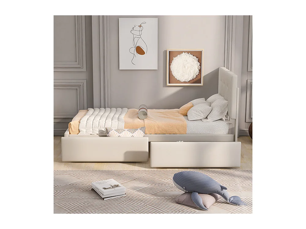 Lit adulte lit 90x200 cm lit rembourré lit 2 tiroirs lit sommier à lattes Single tissu en velours beige