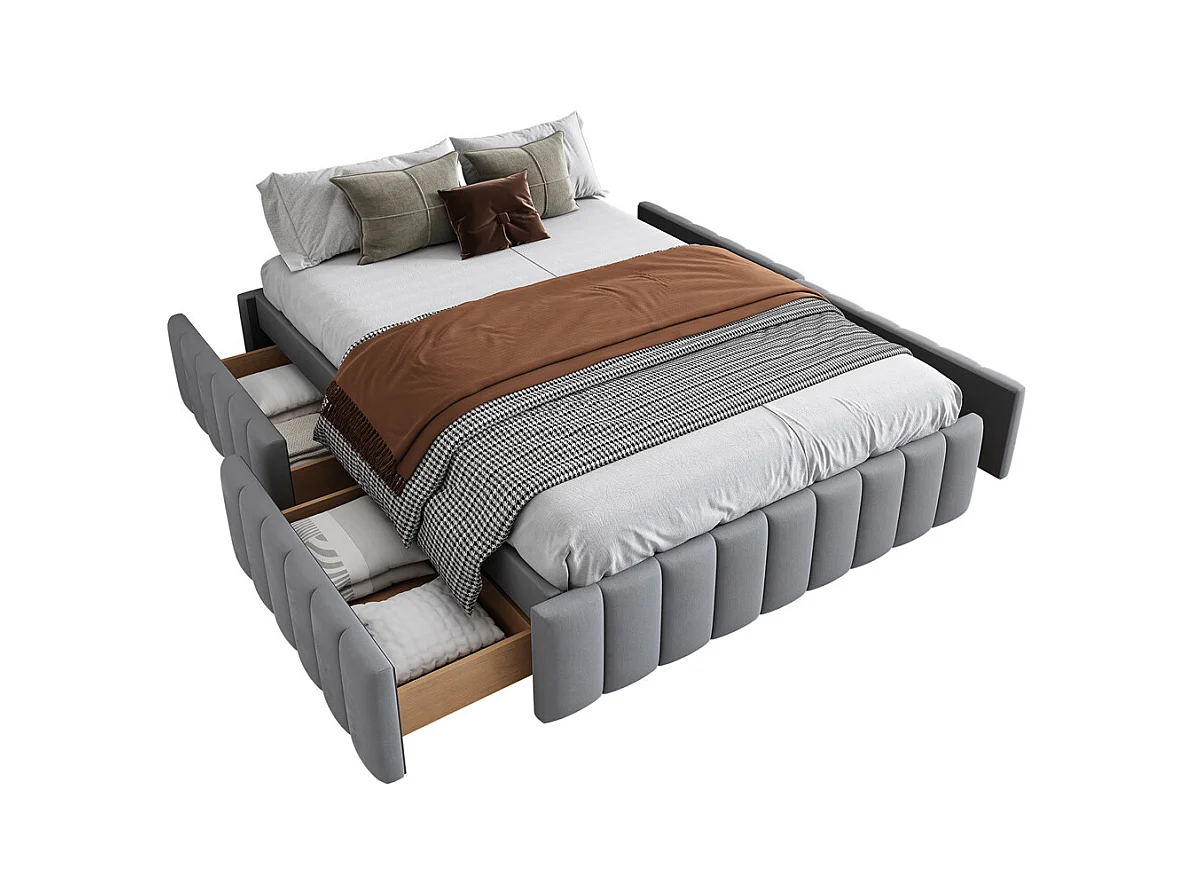 Lit adulte lit 140x200 cm lit rembourré avec 4 tiroirs Single velours gris