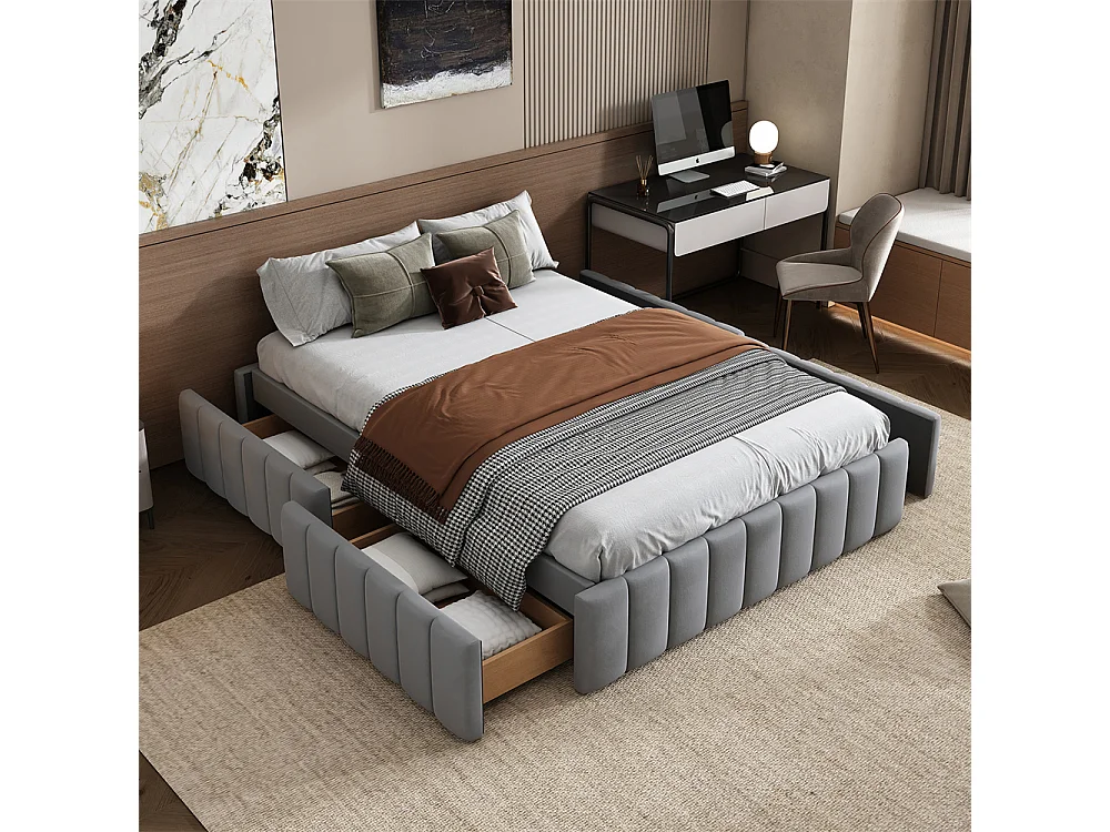 Lit adulte lit 140x200 cm lit rembourré avec 4 tiroirs Single velours gris