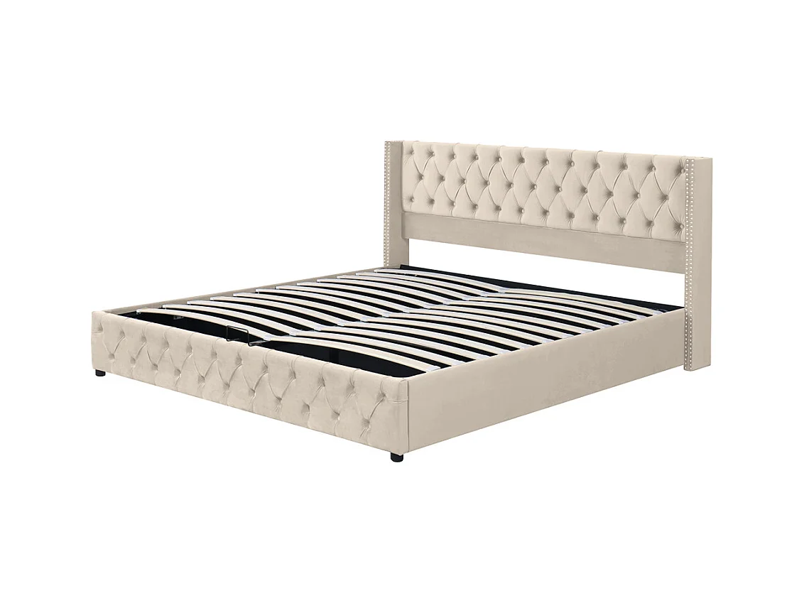 Lit adulte lit coffre lit rembourré hydraulique lit de rangement lit 180x200 cm lit en métal lit double velours beige