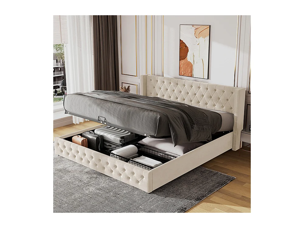 Lit adulte lit coffre lit rembourré hydraulique lit de rangement lit 180x200 cm lit en métal lit double velours beige