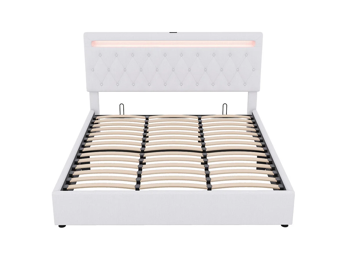 Lit adulte lit 180x200 cm lit rembourré hydraulique avec lumière ambiante lit double lin blanc