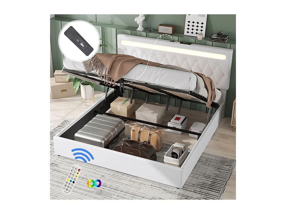 Lit adulte lit 180x200 cm lit rembourré hydraulique avec lumière ambiante lit double lin blanc