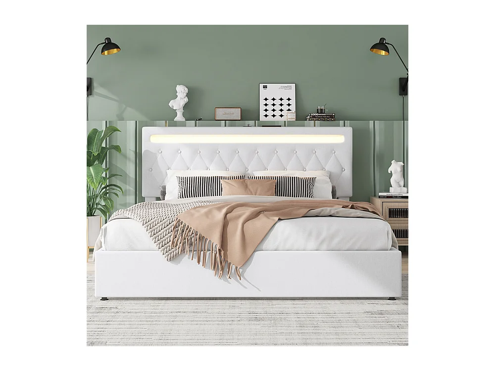 Lit adulte lit 180x200 cm lit rembourré hydraulique avec lumière ambiante lit double lin blanc