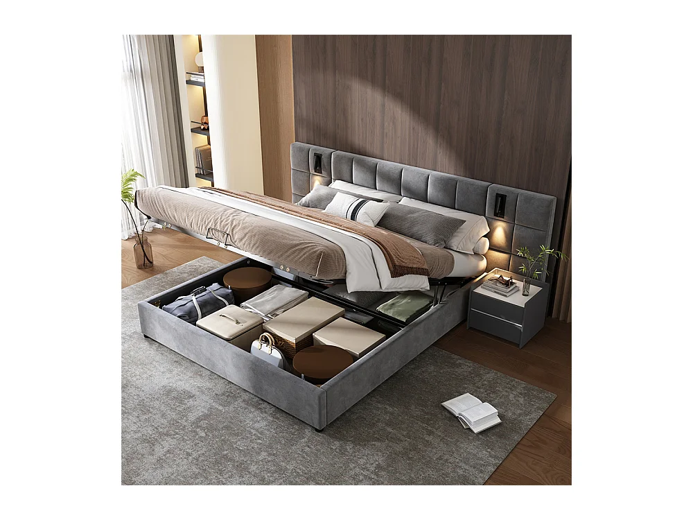 Lit adulte lit 160x200 cm lit rembourré hydraulique lit de rangement lit double velours gris