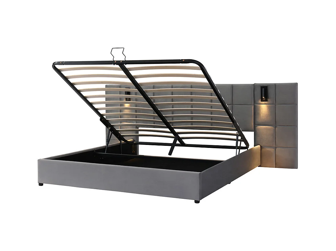 Lit adulte lit 160x200 cm lit rembourré hydraulique lit de rangement lit double velours gris