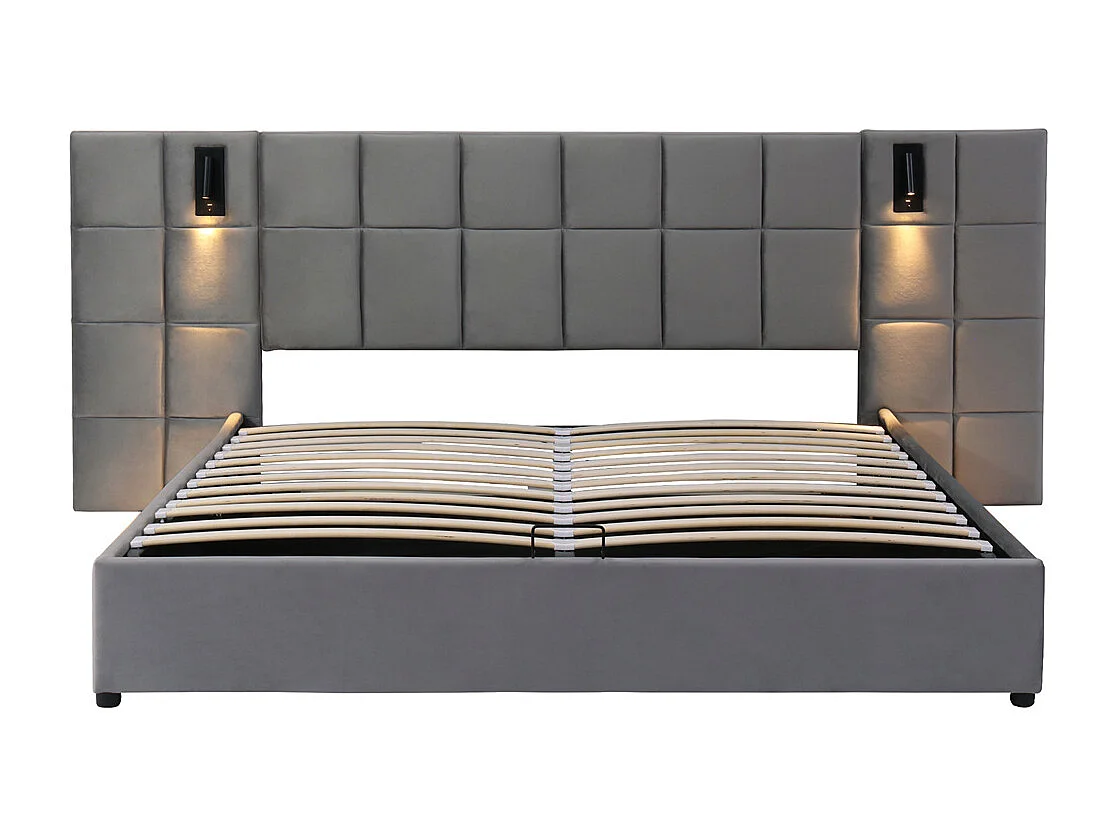 Lit adulte lit 160x200 cm lit rembourré hydraulique lit de rangement lit double velours gris