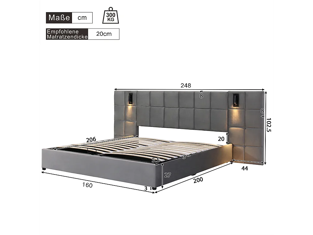 Lit adulte lit 160x200 cm lit rembourré hydraulique lit de rangement lit double velours gris
