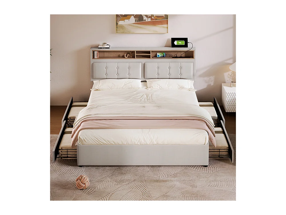 Lit adulte lit 160x200 cm lit rembourré avec quatre tiroirs avec sommier à lattes en bois lit double lin beige