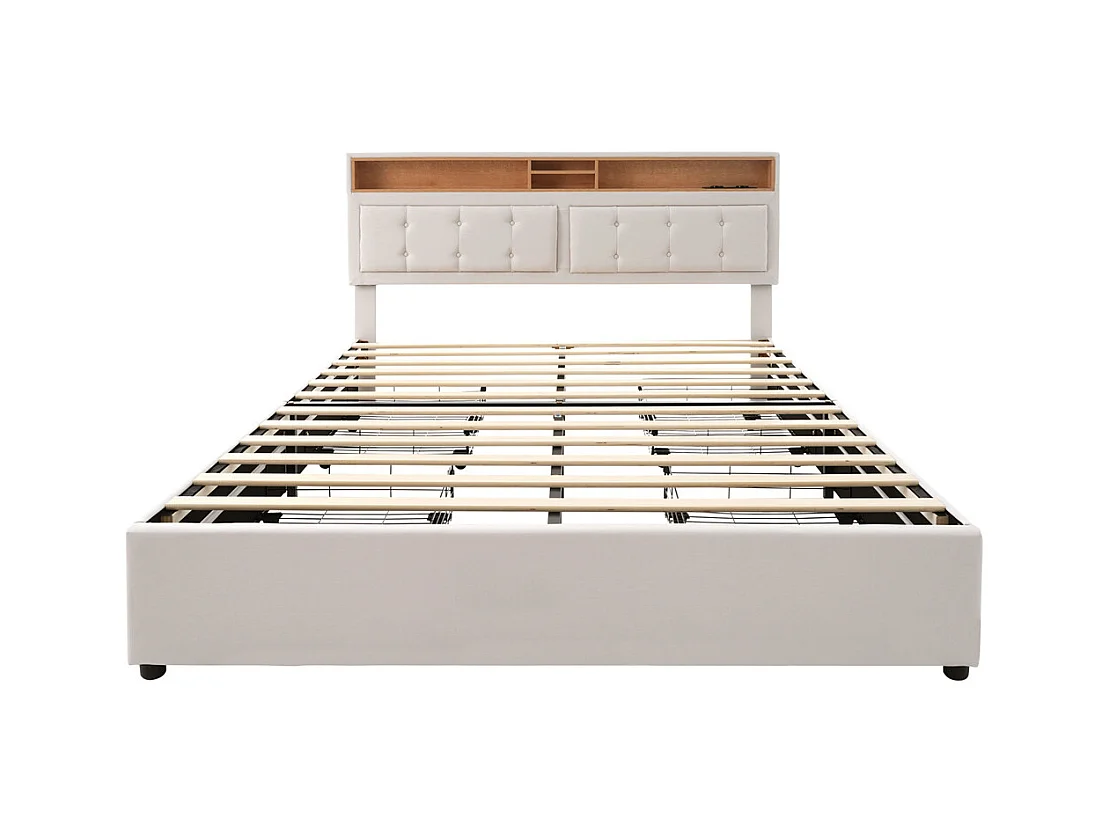 Lit adulte lit 160x200 cm lit rembourré avec quatre tiroirs avec sommier à lattes en bois lit double lin beige