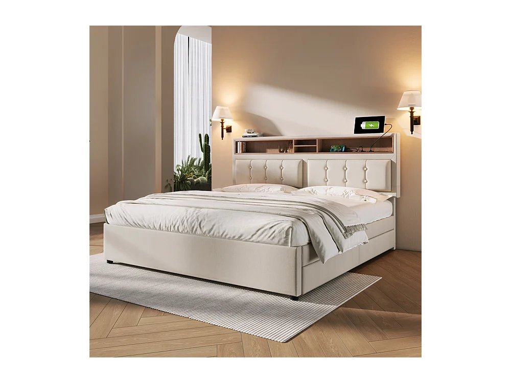 Lit adulte lit 160x200 cm lit rembourré avec quatre tiroirs avec sommier à lattes en bois lit double lin beige