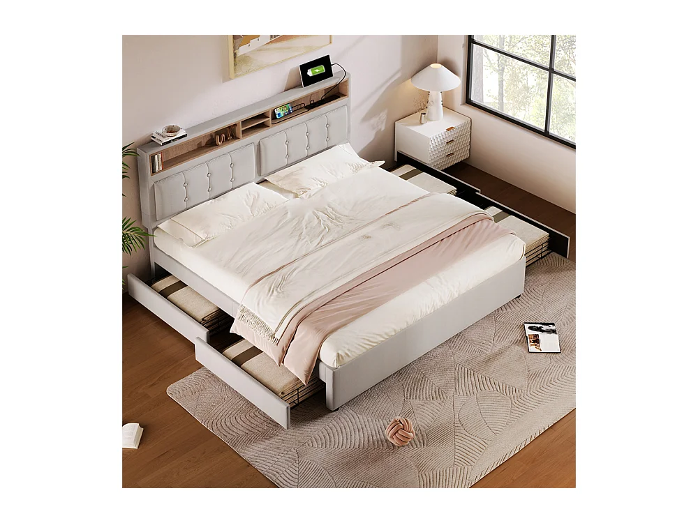 Lit adulte lit 160x200 cm lit rembourré avec quatre tiroirs avec sommier à lattes en bois lit double lin beige