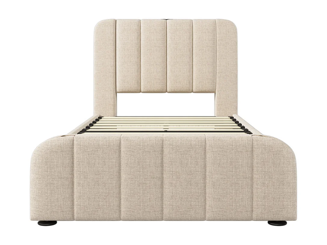 Gestoffeerd bed 90 x 200 cm, eenpersoonsbed met 4 lades, hoofdbord met USB Type-C oplaadfunctie, linnen, beige, zonder matras