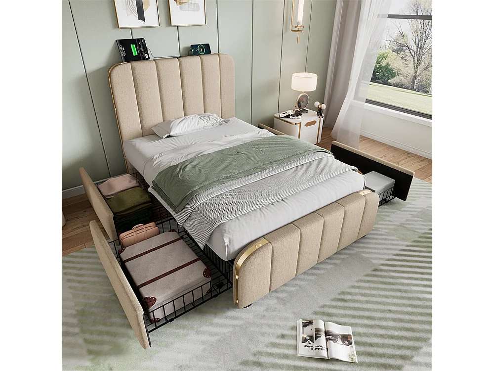 Gestoffeerd bed 90 x 200 cm, eenpersoonsbed met 4 lades, hoofdbord met USB Type-C oplaadfunctie, linnen, beige, zonder matras