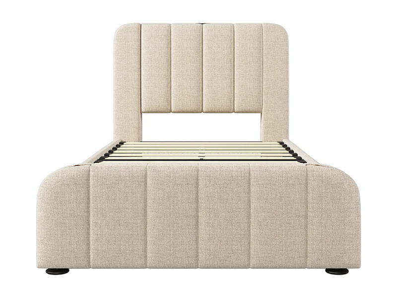 Gestoffeerd bed 90 x 200 cm, eenpersoonsbed met 4 lades, hoofdbord met USB Type-C oplaadfunctie, linnen, beige, zonder matras