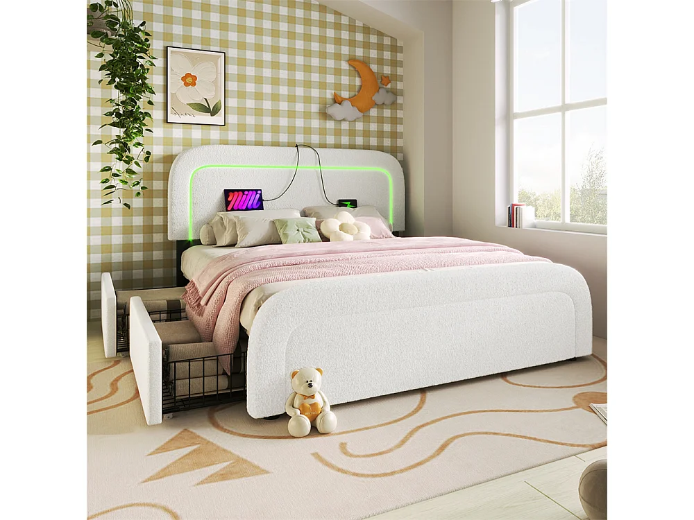 Volwassen bed 140x200 cm gestoffeerd bed led verlichting bed 4 laden bed houten lattenbodem tweepersoonsbed wit sherpa