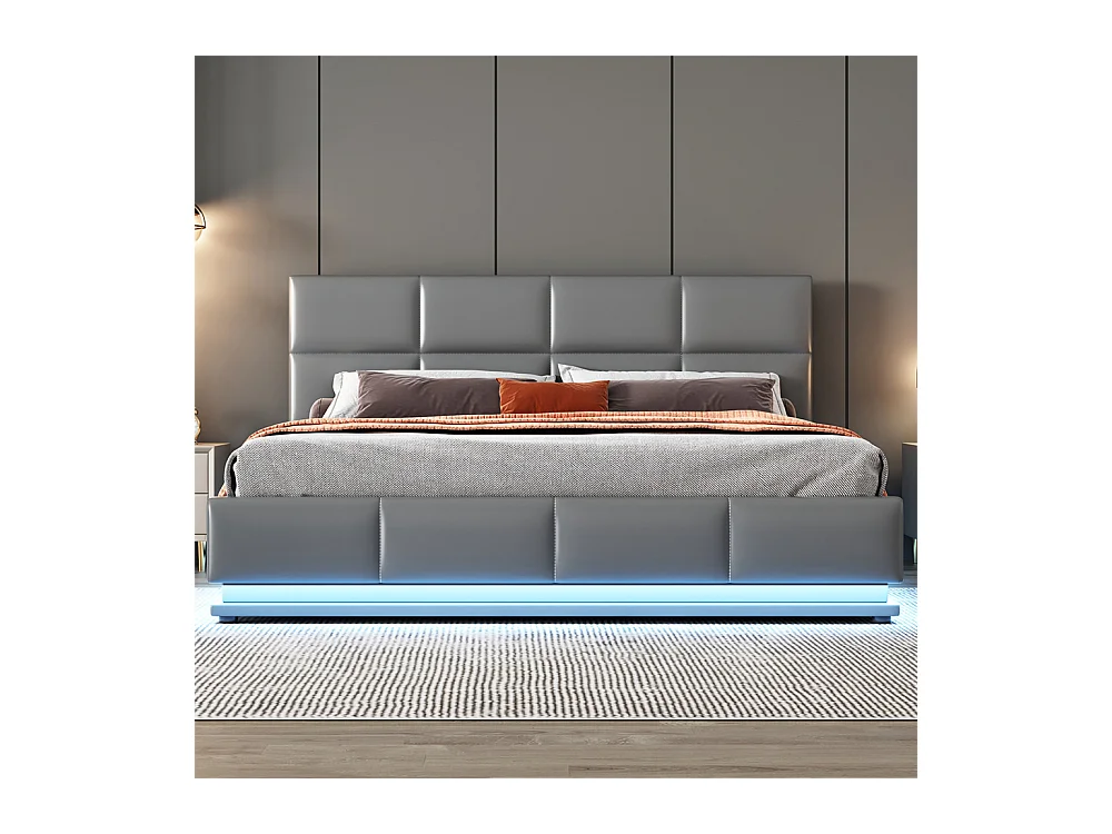 Volwassen bed 160x200 cm bed led gewatteerd hydraulisch opbergbed tweepersoonsbed grijs kunstleer