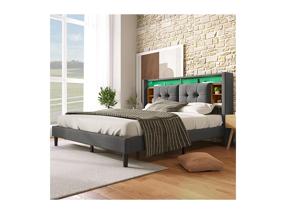 Gestoffeerd tweepersoonsbed 140x200cm, hoofdbord met opbergruimte, USB-oplader en LED-verlichting, met houten lattenbodem, grijs