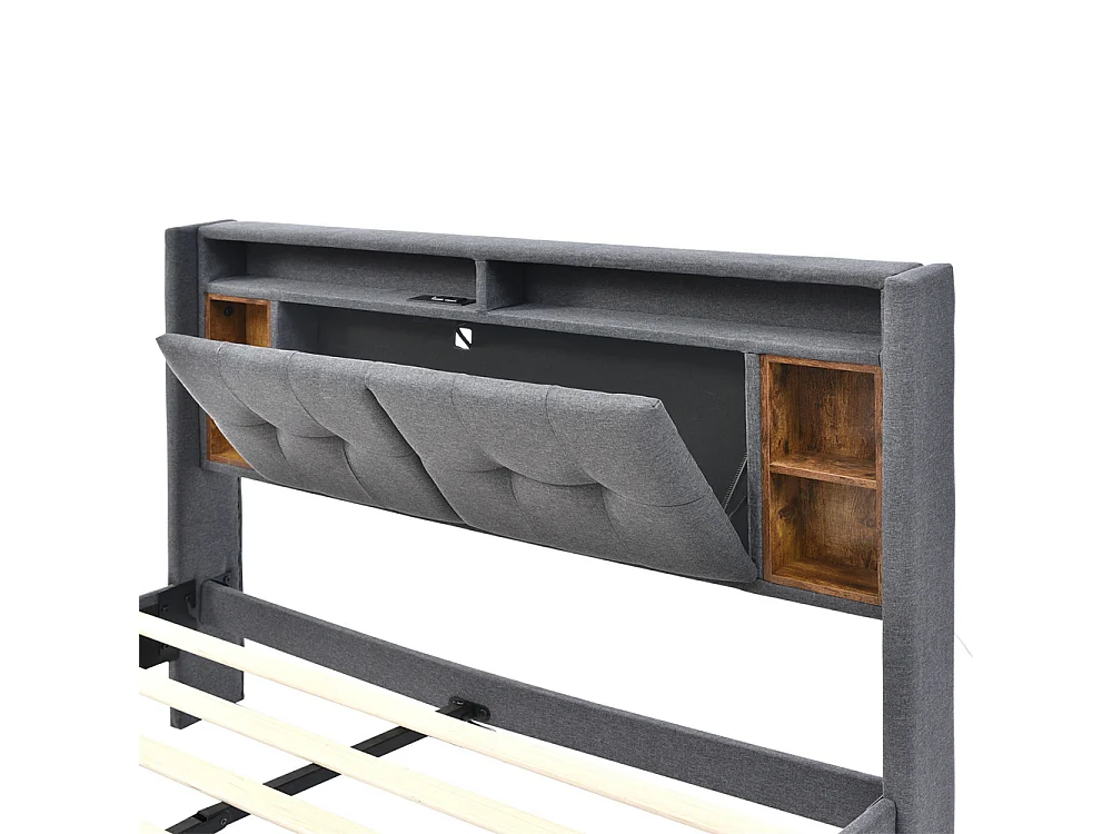 Gestoffeerd tweepersoonsbed 140x200cm, hoofdbord met opbergruimte, USB-oplader en LED-verlichting, met houten lattenbodem, grijs