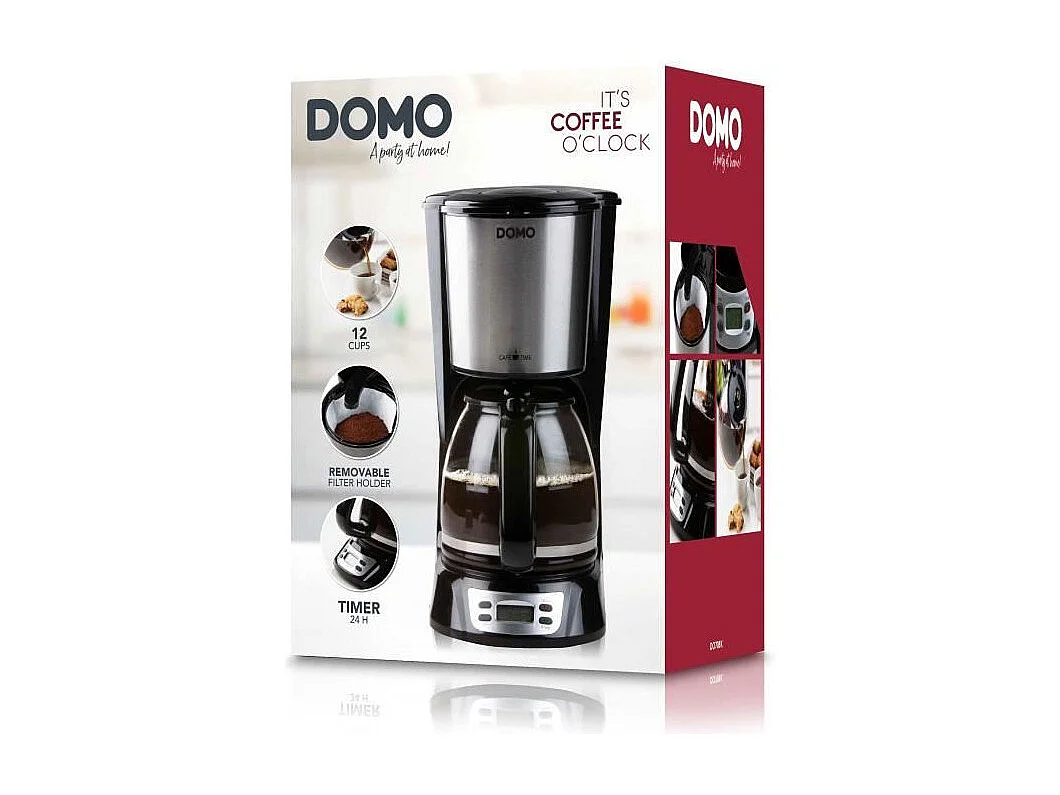 Cafetiere Filtre - DOMO - DO708K - 1000 W - 1,5 L - 12 tasses - Ecran LCD - Minuteur 24 h - Noir et acier inoxydable