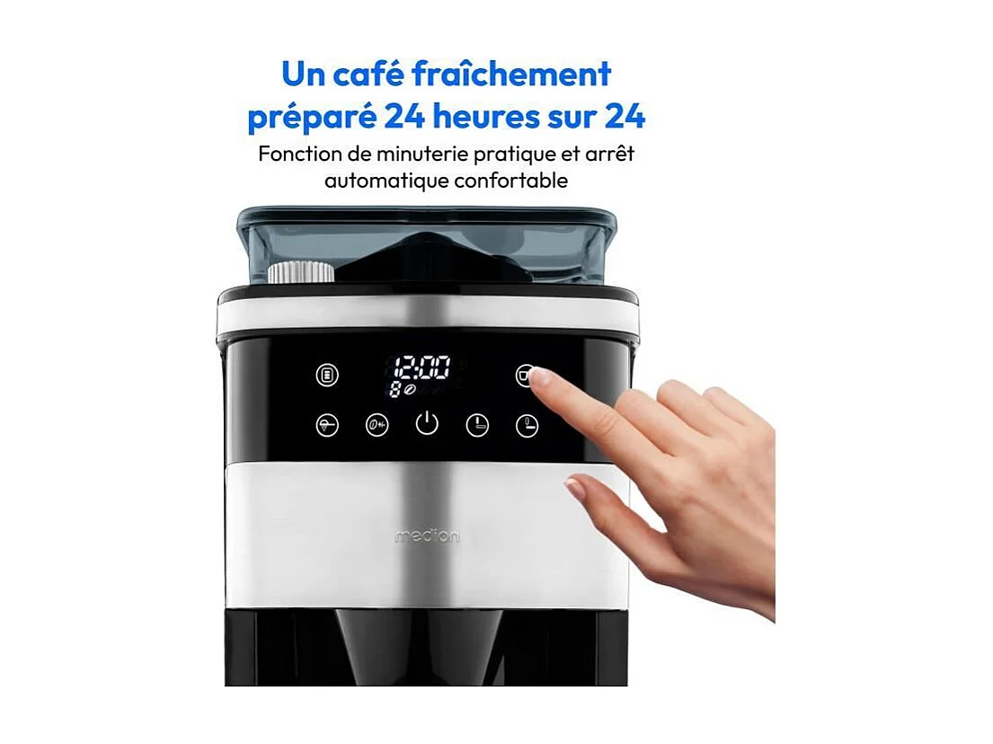Cafetiere Filtre Digitale Isotherme avec Broyeur - MEDION - 1000W - 1,0L - Silver