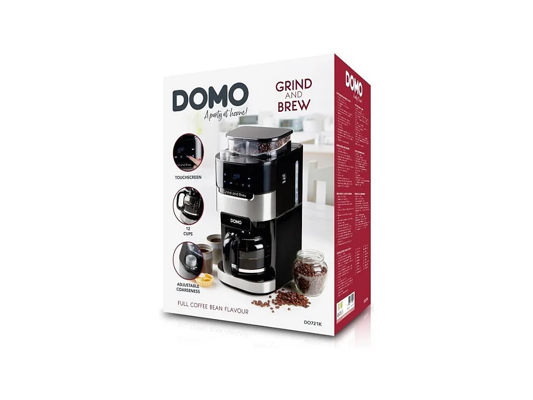 Cafetiere filtre avec moulin intégré - DOMO - DO721K - 900 W - 1,5 L - 12 tasses - 200 g de grains - Ecran LCD - 3 intensités