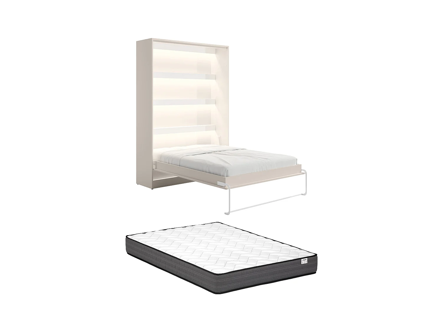 Lit escamotable 140 x 200 cm - Ouverture verticale manuelle - Avec LEDs - Beige + Matelas - RAPILI