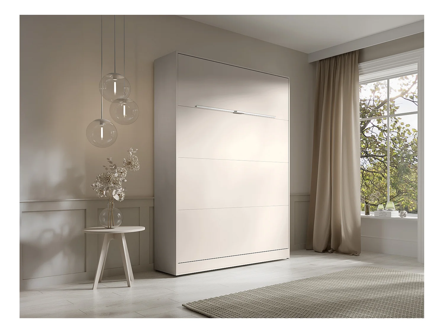 Lit escamotable 140 x 200 cm - Ouverture verticale manuelle - Avec LEDs - Beige + Matelas - RAPILI