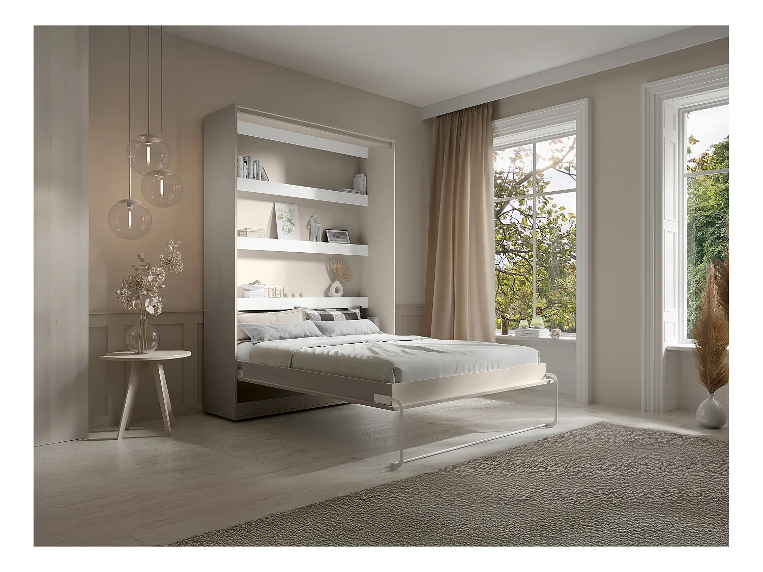 Lit escamotable 140 x 200 cm - Ouverture verticale manuelle - Avec LEDs - Beige + Matelas - RAPILI