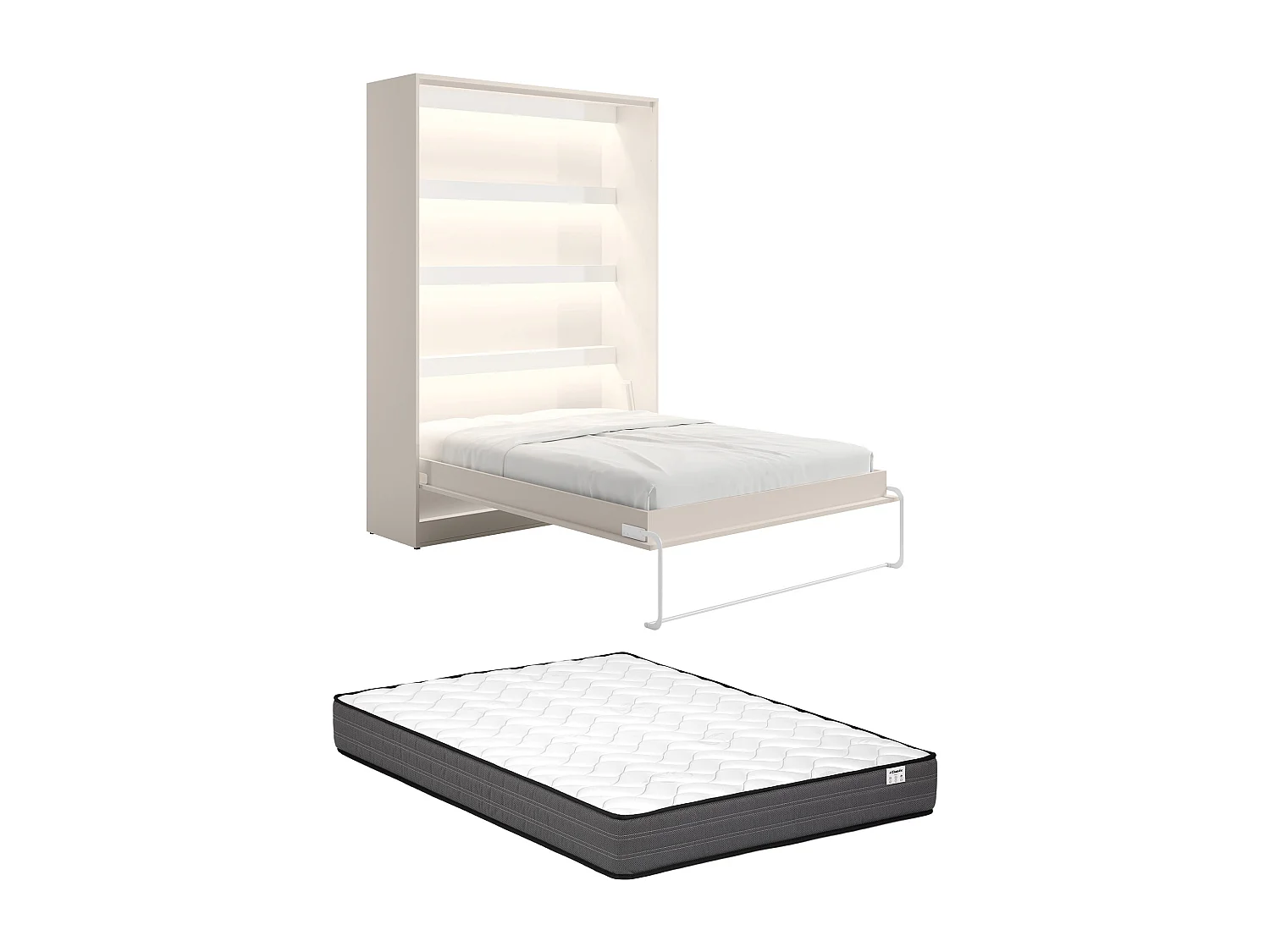 Lit escamotable 140 x 200 cm - Ouverture verticale manuelle - Avec LEDs - Beige + Matelas - RAPILI