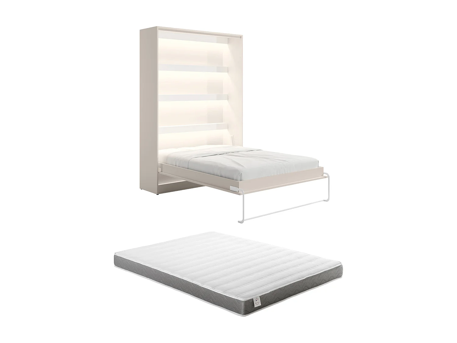 Lit escamotable 140 x 200 cm - Ouverture verticale manuelle - Avec LEDs - Beige + Matelas - RAPILI